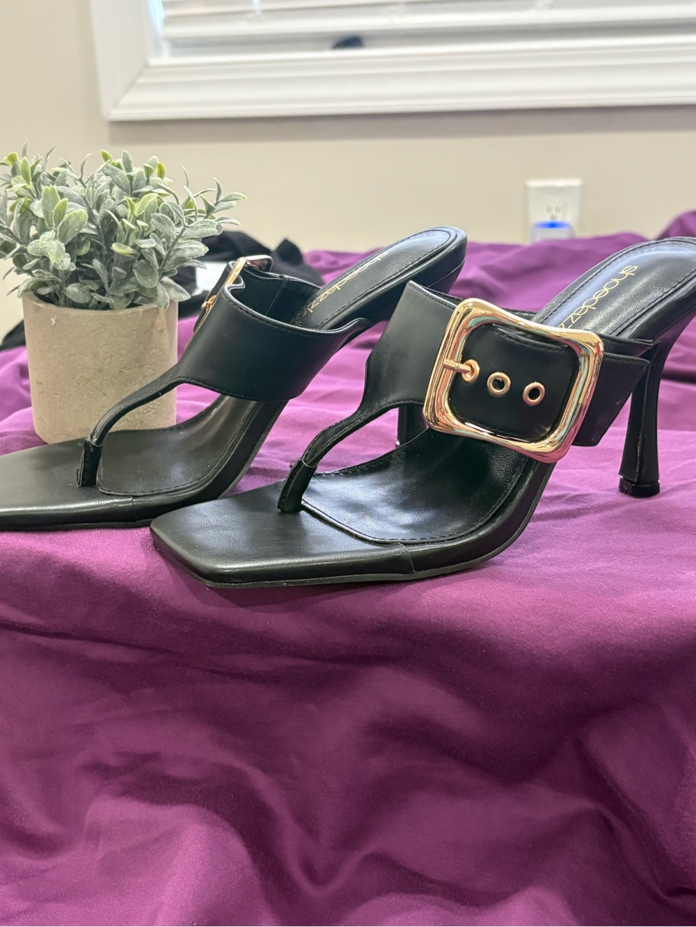 Shoe Dazzle Black Thong Mules with Gold Buckle Accent.  NEW, never worn, no box